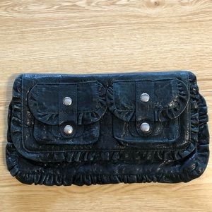 Treesje Topanga Black Leather Ruffled Clutch Purse